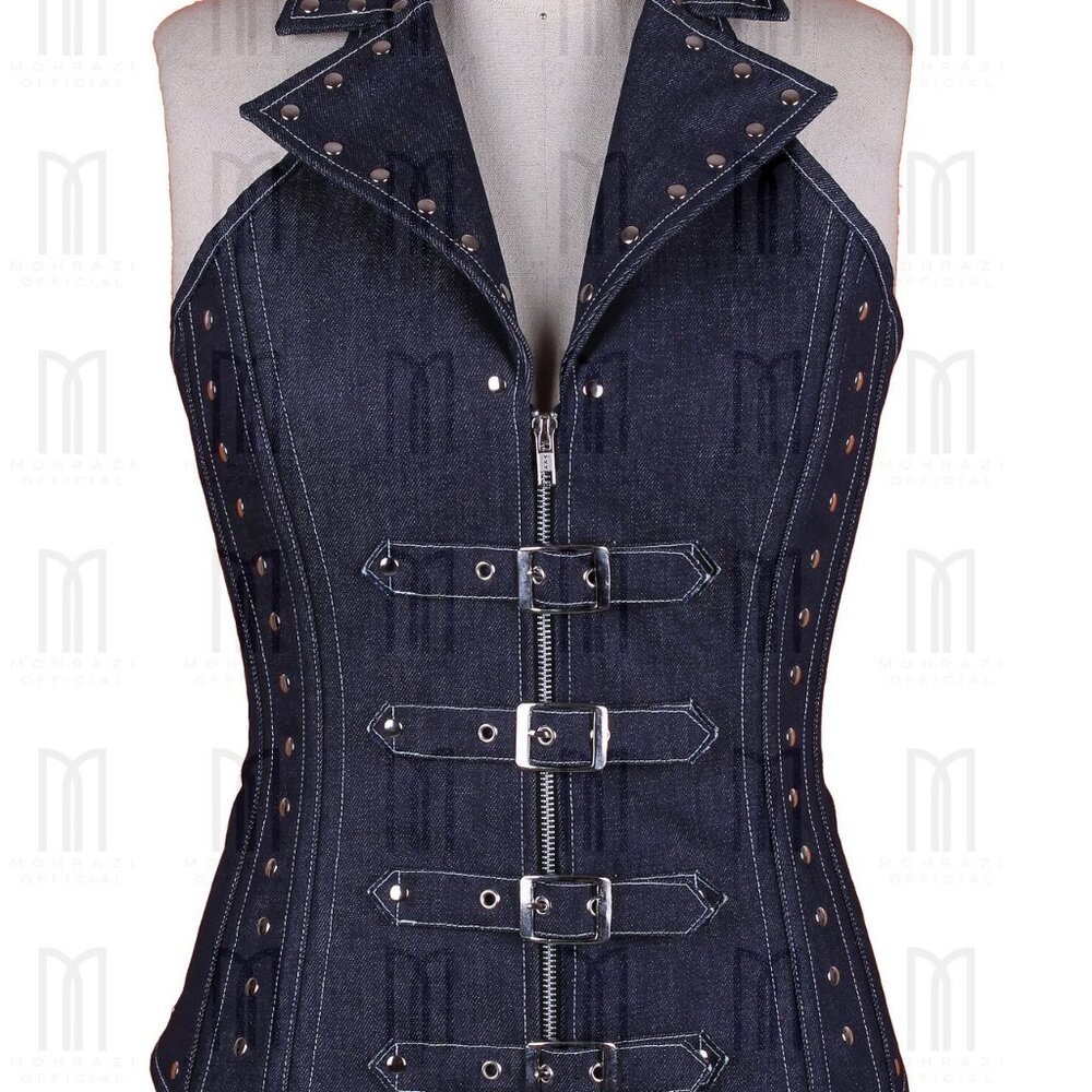 Fullbust Denim Halter Neck Corset with Silver Hardware & Buckle Straps